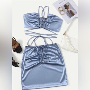 Shein Crisscross knot satin crop top & skirt set